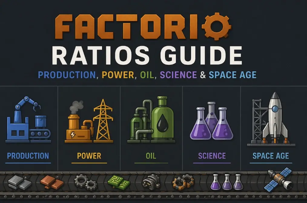 Factorio ratios guide with tables for production, power, oil, science and Space Age