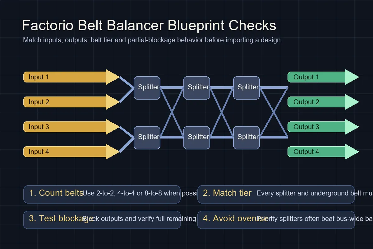 Diagram of Factorio belt balancer inputs, splitter stages, throughput checks and output belts