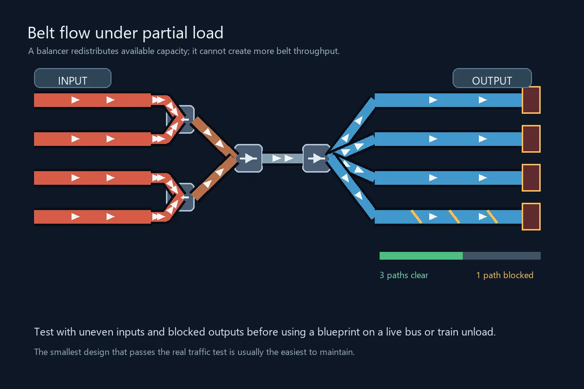 Factorio belt balancer partial-load test showing uneven inputs and a blocked output