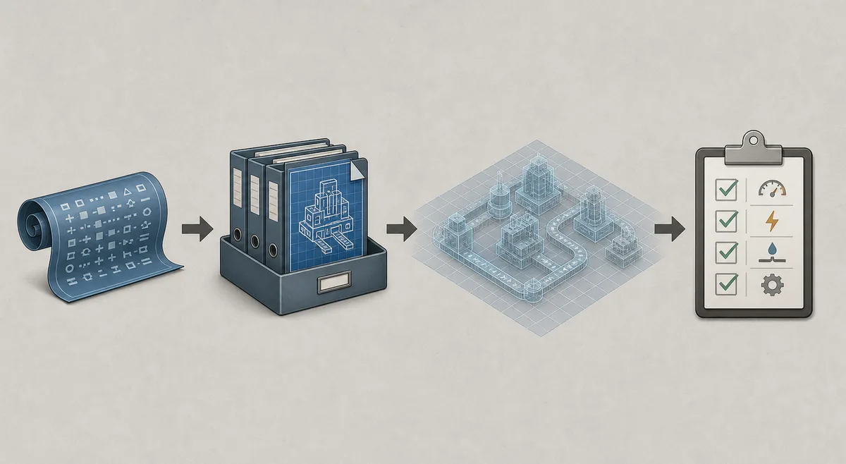 Editorial step flow showing a blueprint string, blueprint library, sandbox layout and verification checklist