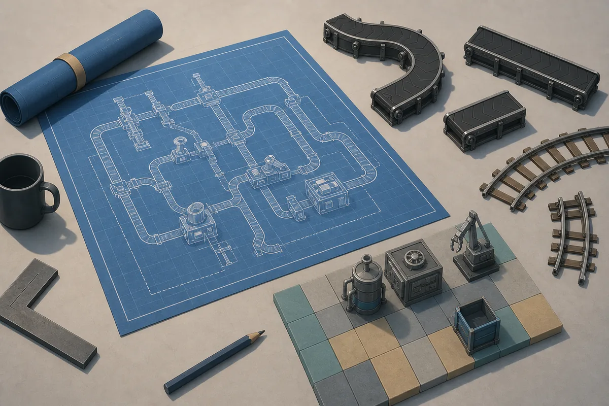 Editorial blueprint desk showing Factorio blueprint sheets, belts, rails and a sandbox test area