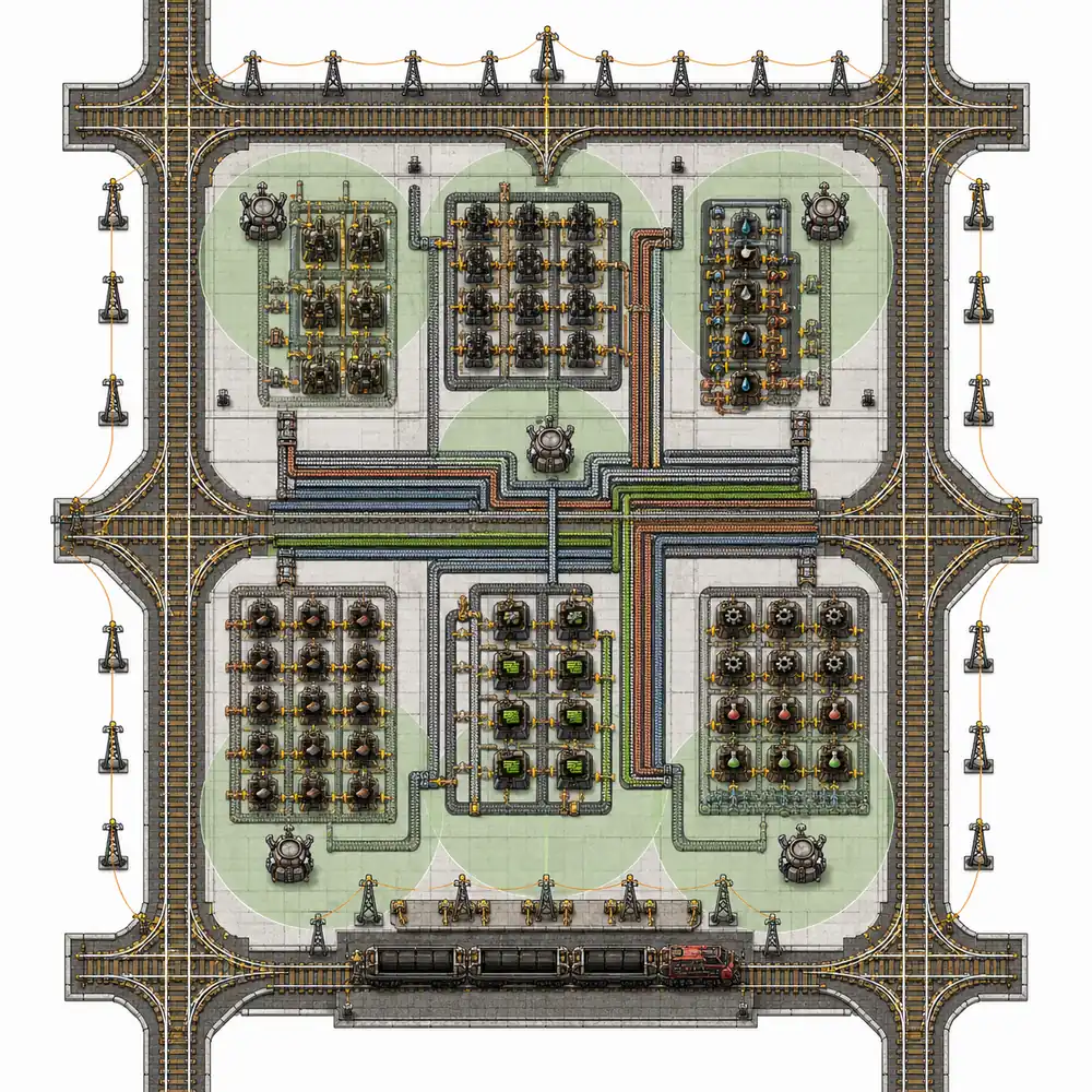 Factorio city block rail logistics plan with station bays power poles and roboport coverage