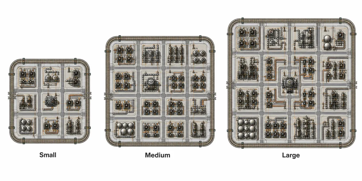 Comparison of small medium and large Factorio city block layouts