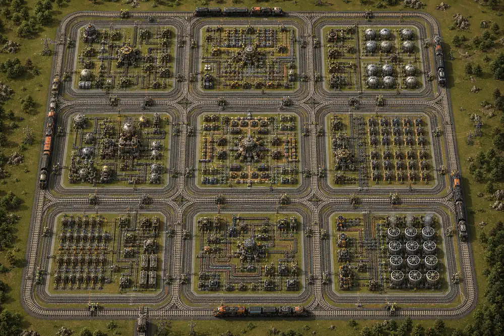 Editorial illustration of a Factorio city block rail grid with trains and production blocks