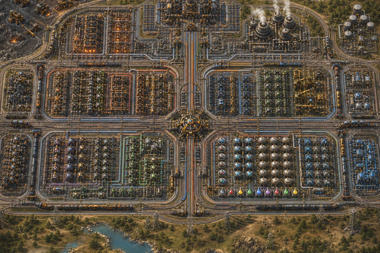 Editorial concept illustration of modular factory districts connected by rail and belts
