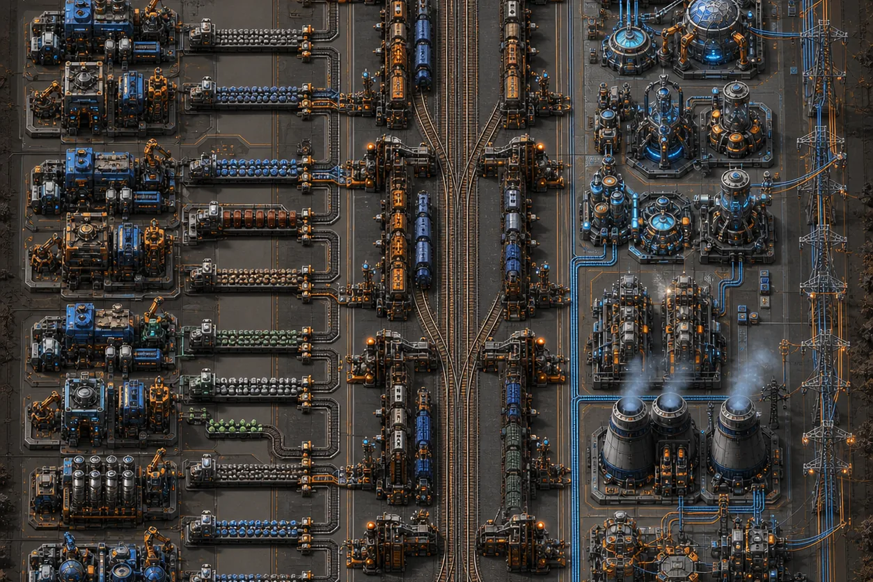 Editorial illustration of factory modules feeding belts and a rail hub