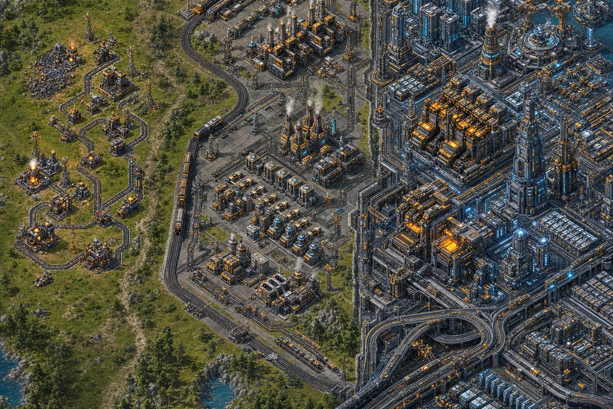 Editorial illustration showing a starter factory growing into a rail megabase