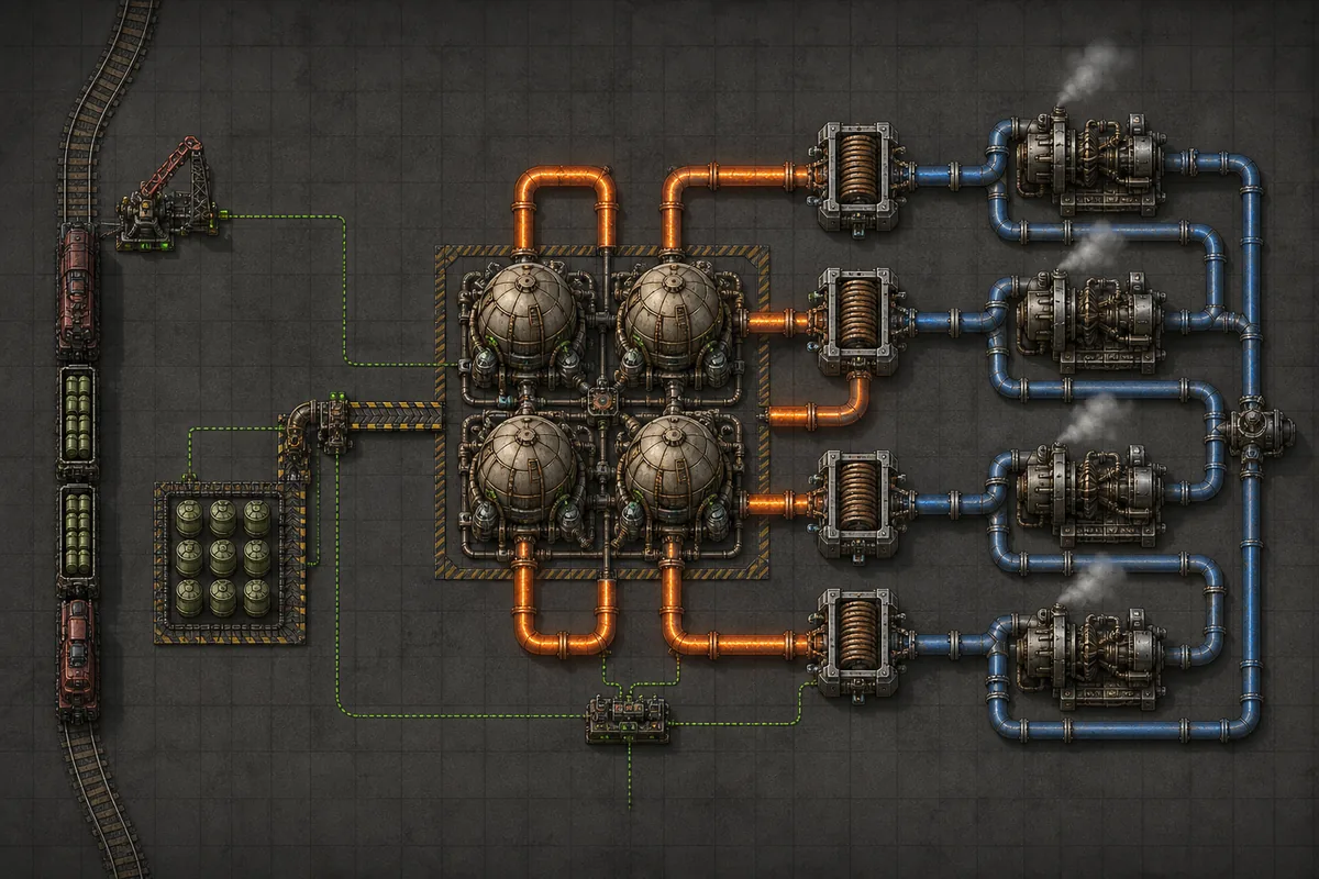 Editorial Factorio nuclear reactor blueprint with a 2x2 reactor core, heat pipes, turbines, water pipes and fuel delivery