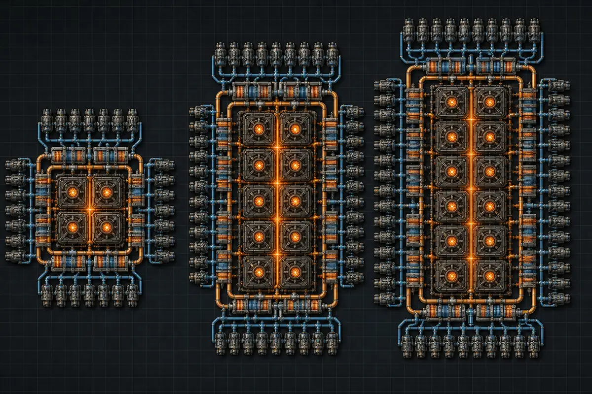 Editorial comparison of Factorio 2x2, 2x4 and 2x6 nuclear reactor layouts with heat exchangers and turbines