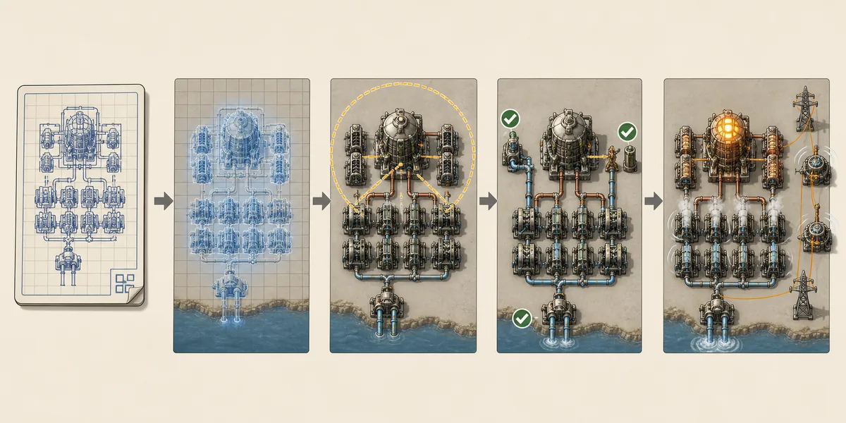 Editorial five-stage Factorio nuclear blueprint test flow from import to sandbox load test