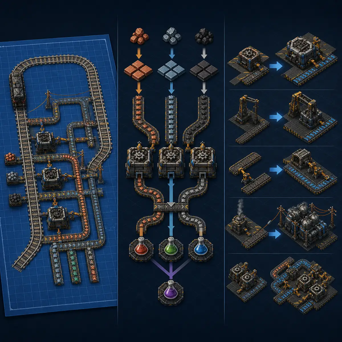 Editorial comparison illustration of a Factorio rail blueprint, production ratio network and entity upgrades