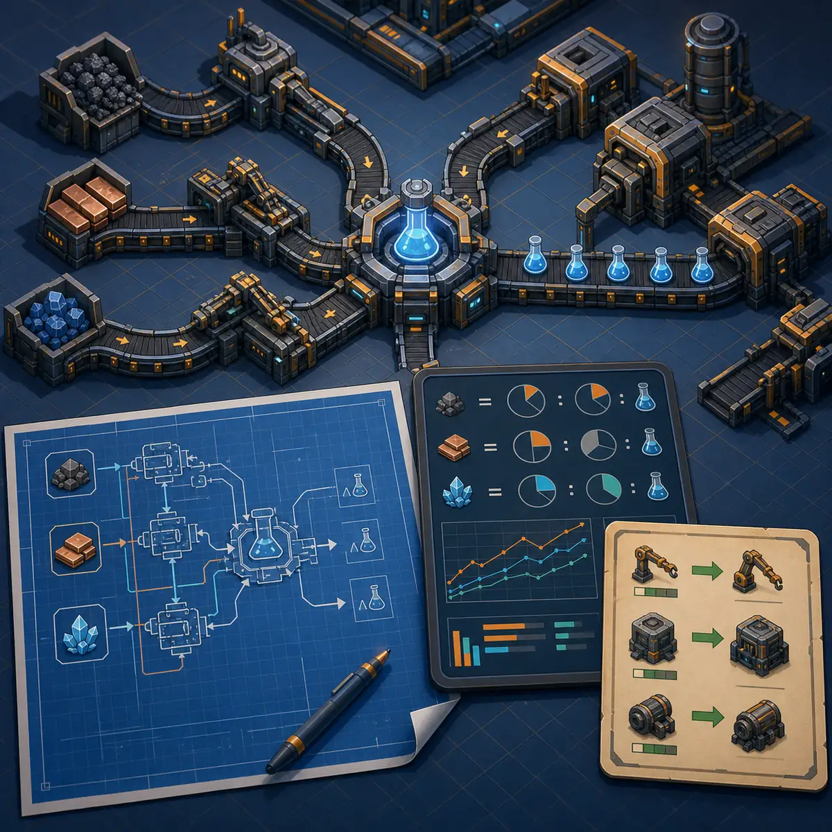 Editorial Factorio planning concept showing belts, a blueprint, production ratios and an upgrade plan