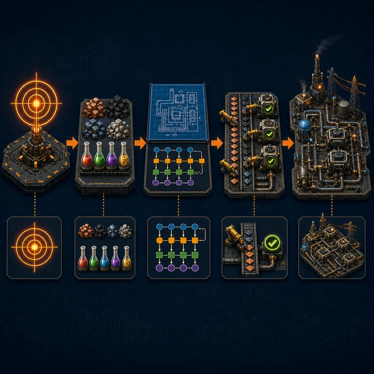 Editorial Factorio planning workflow from a factory goal through recipes, ratios, verification and a finished build