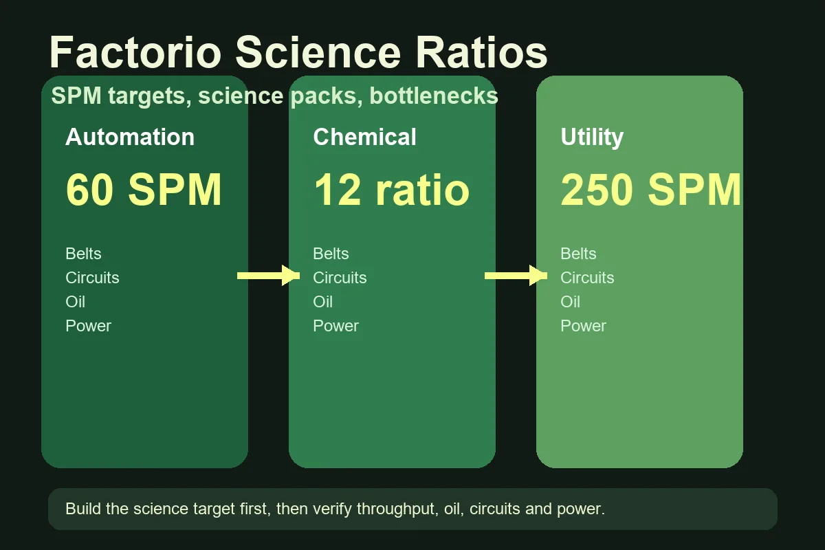 Factorio science ratios guide illustration showing science packs, SPM numbers, belts and supporting production chains