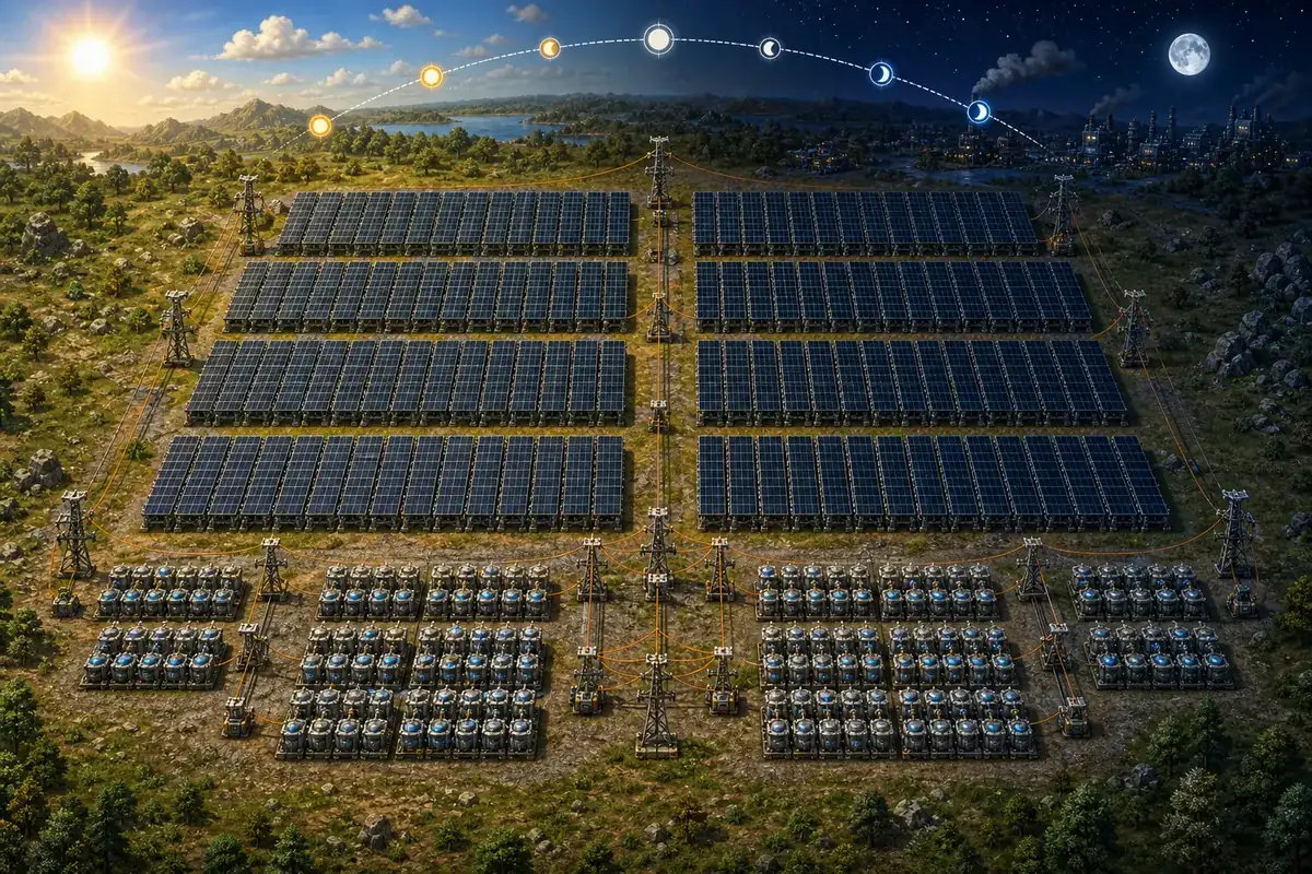 Editorial Factorio solar planning illustration with solar panels, accumulator banks and a day-night cycle arc
