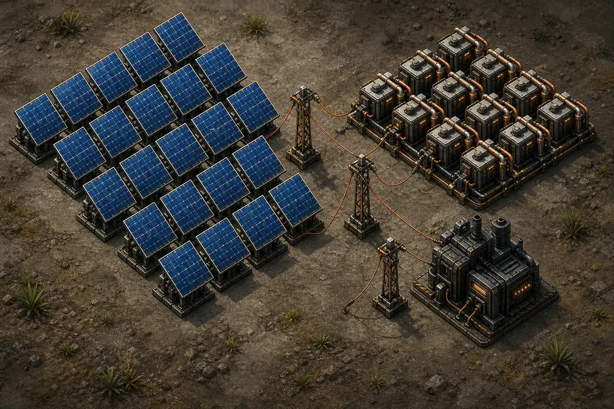 Illustrative Factorio solar block with solar panels, accumulator banks, power poles and a factory load