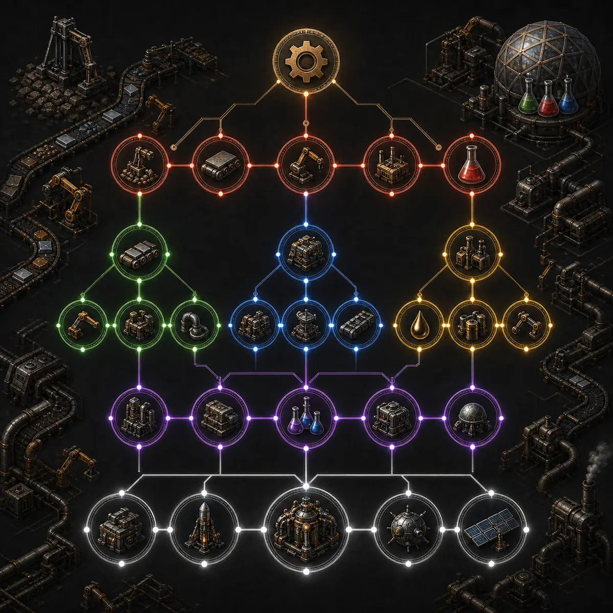 Editorial illustration of a Factorio technology tree with connected industrial research nodes
