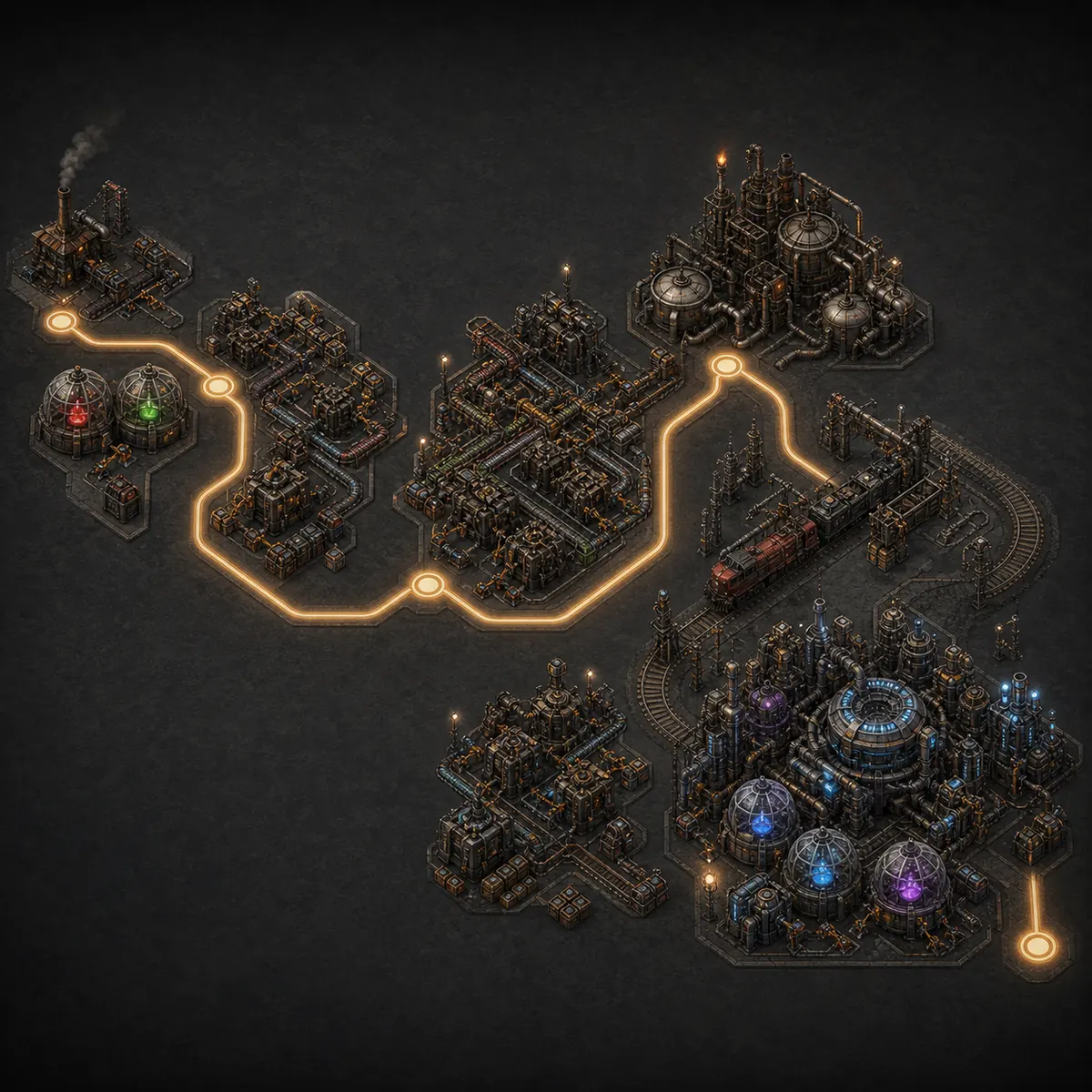 Conceptual Factorio research path from early science through oil, rail and advanced factory systems