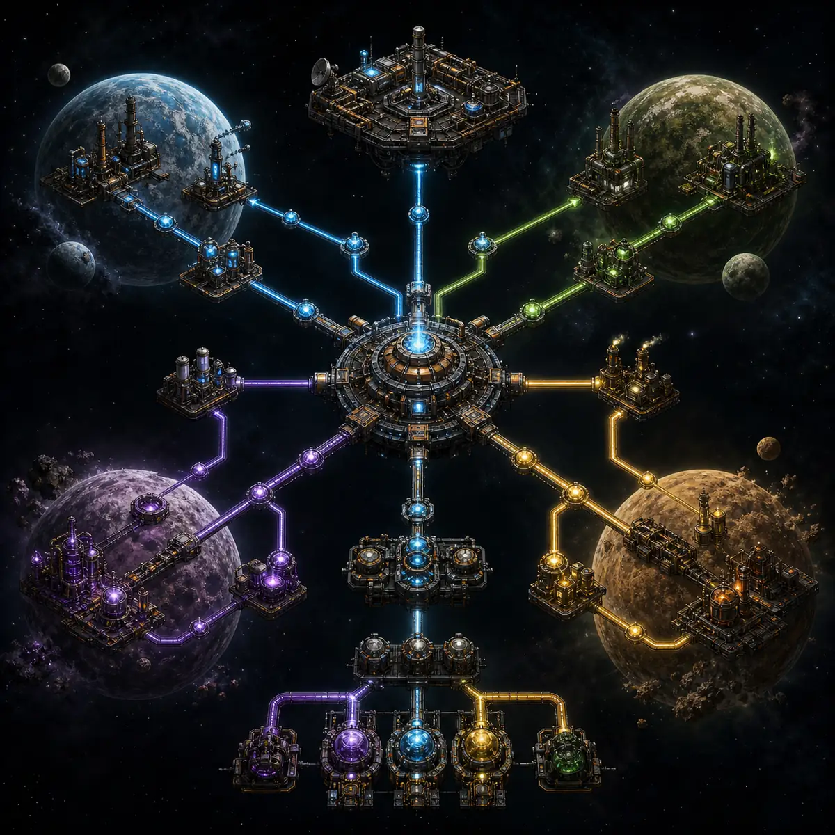 Conceptual Factorio Space Age research network linking planets, a space platform and science branches
