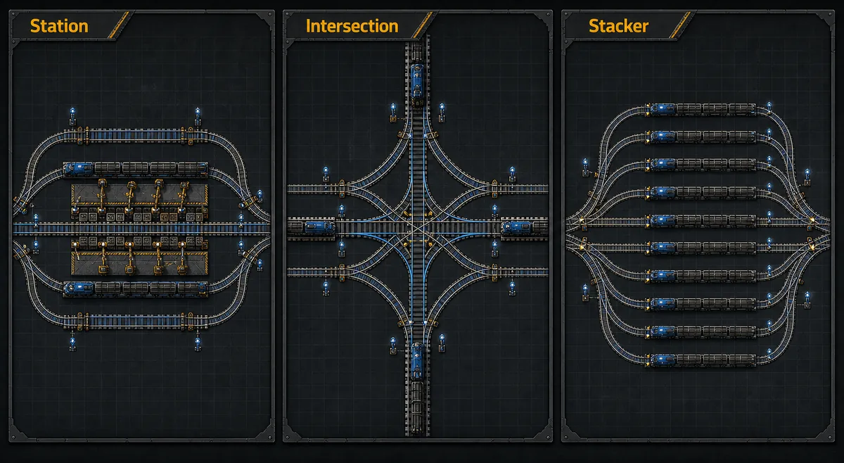 Comparison graphic showing station intersection and stacker Factorio train blueprint types