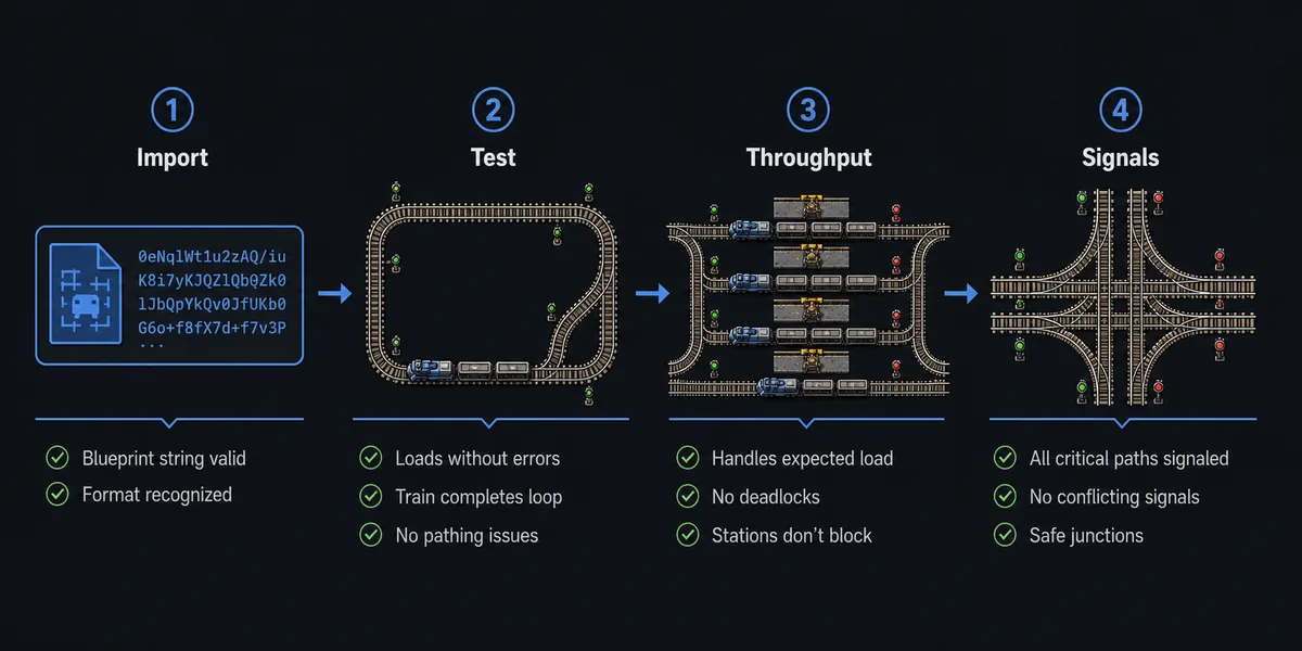 Step flow for importing and testing Factorio train blueprints safely