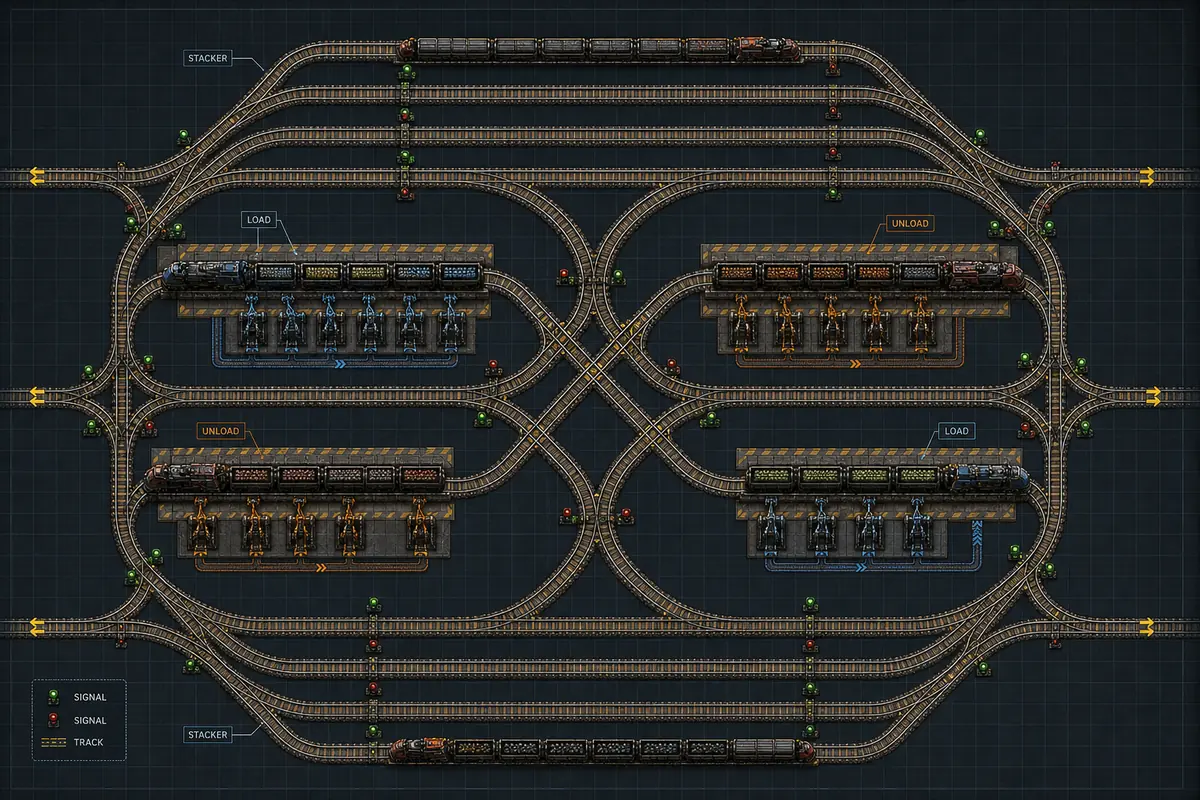 Editorial diagram of Factorio train blueprints with rail stations stackers intersections and signal checks