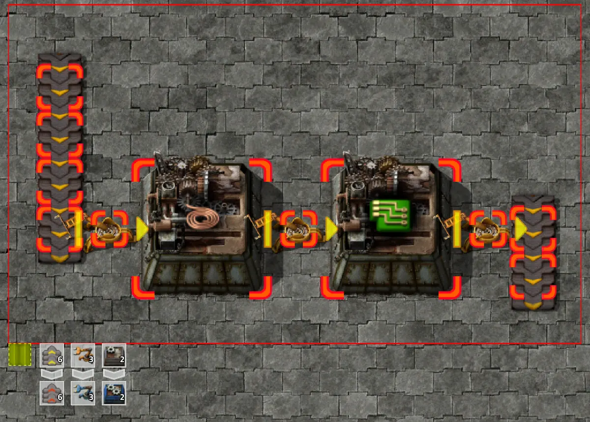 Official Factorio screenshot with an upgrade planner dragged over belts and assembling machines